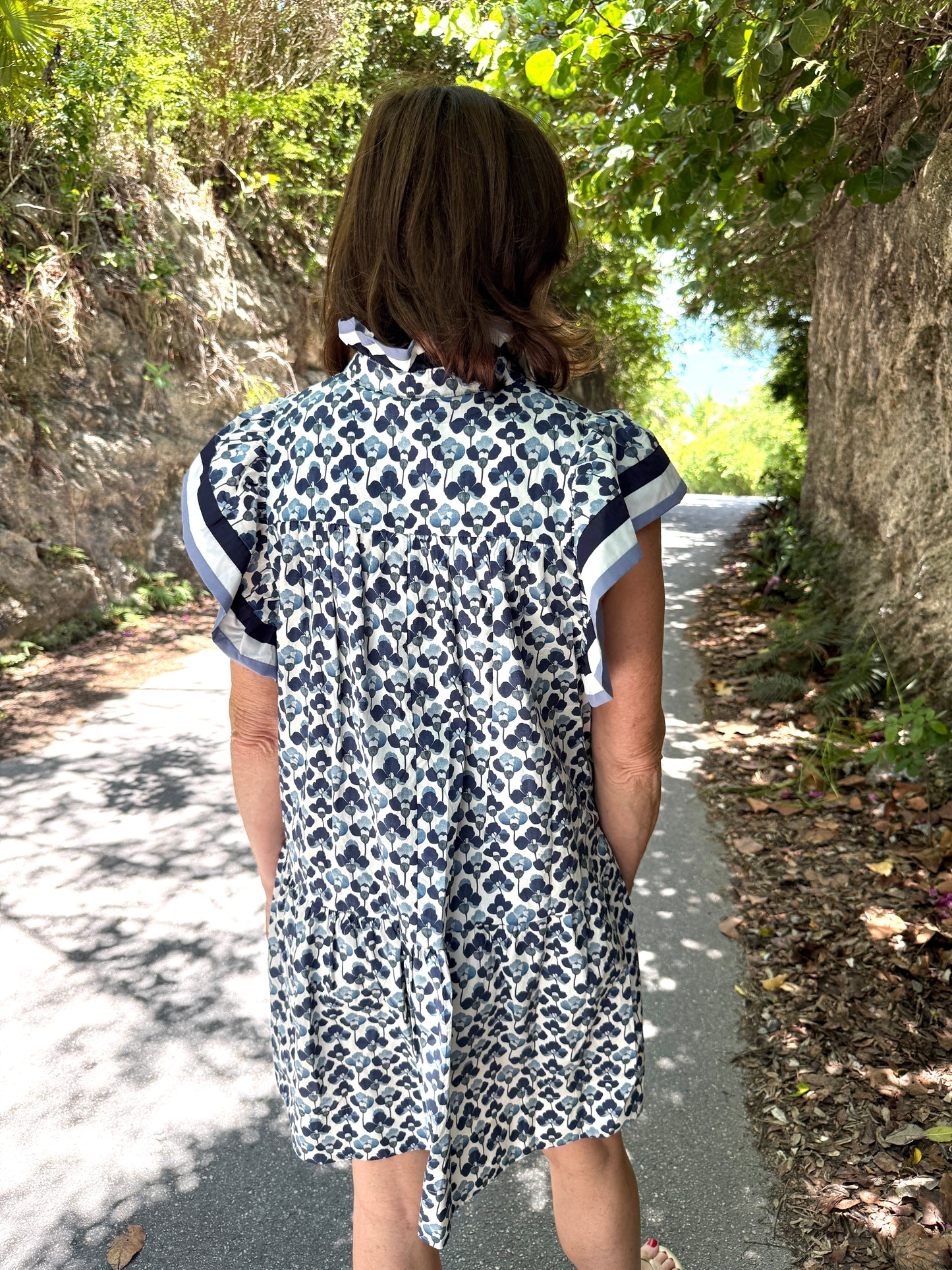 Brantley Printed Ruffled Sleeve Dress- Navy