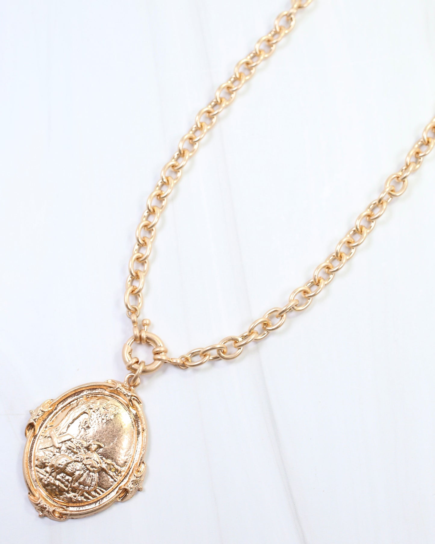 Bria Oval Medallion Long Necklace Worn Gold