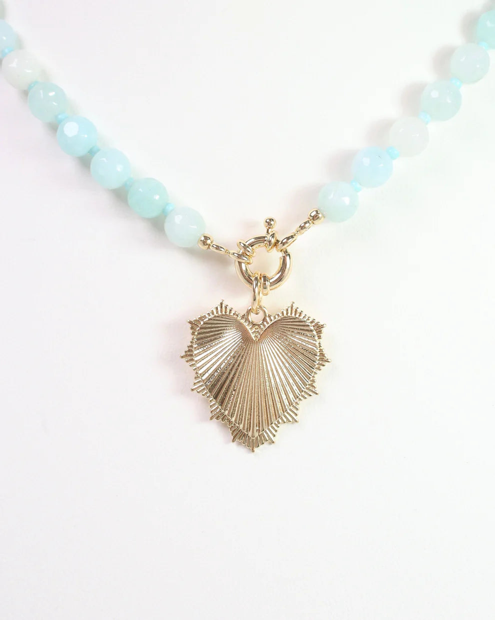 Aqua Stone and Heart Charm Necklace Gold