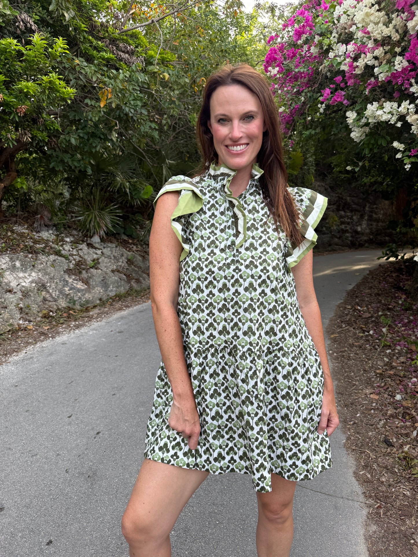 Brantley Printed Ruffled Sleeve Dress- Olive