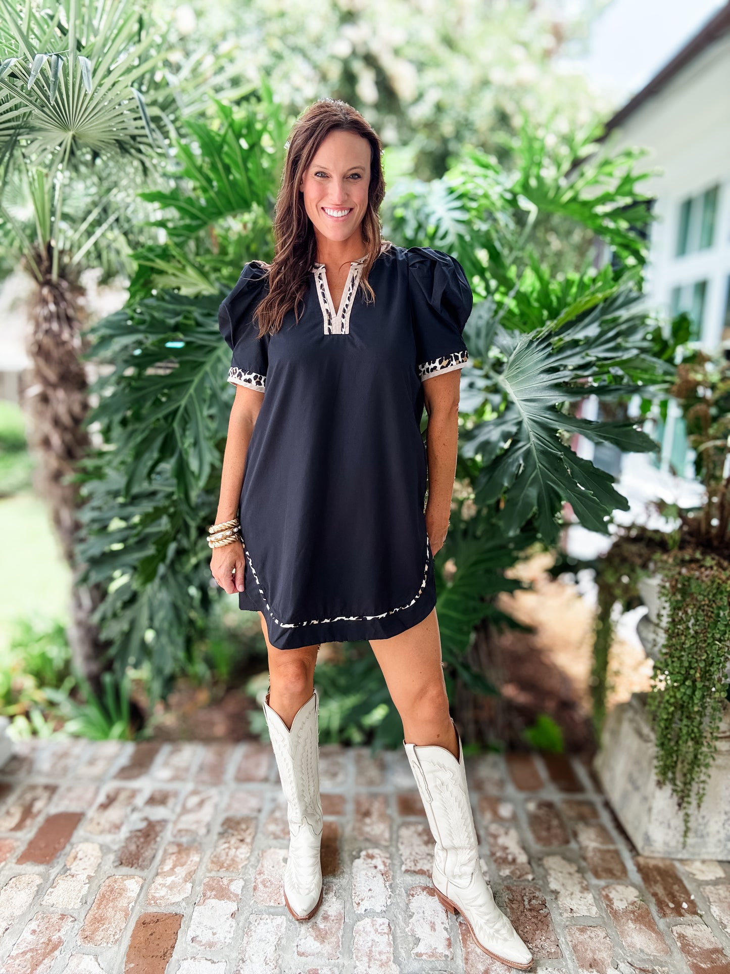 Hampton Leopard Trimmed Dress- Black