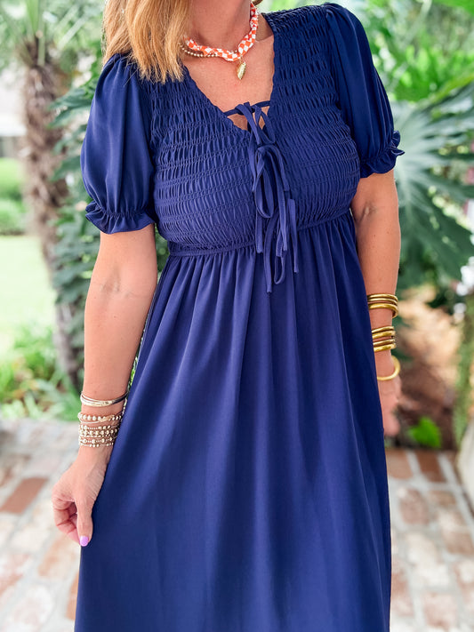 Pretty Girl Navy Front Tie Midi Dress
