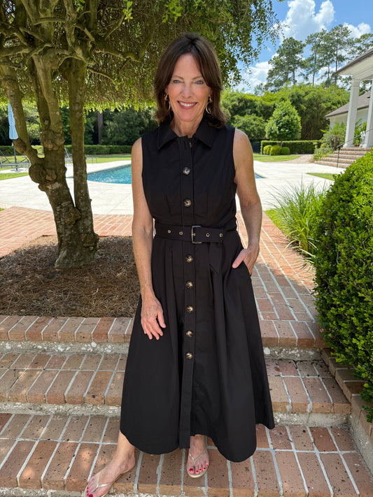 Miranda Black Button Front Midi Dress