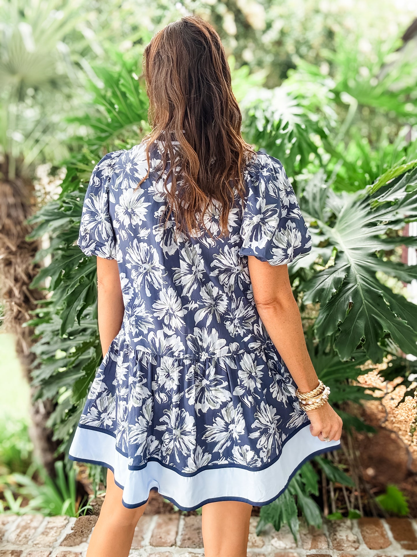 Dutton Navy Floral Print Bubble Sleeve Dress