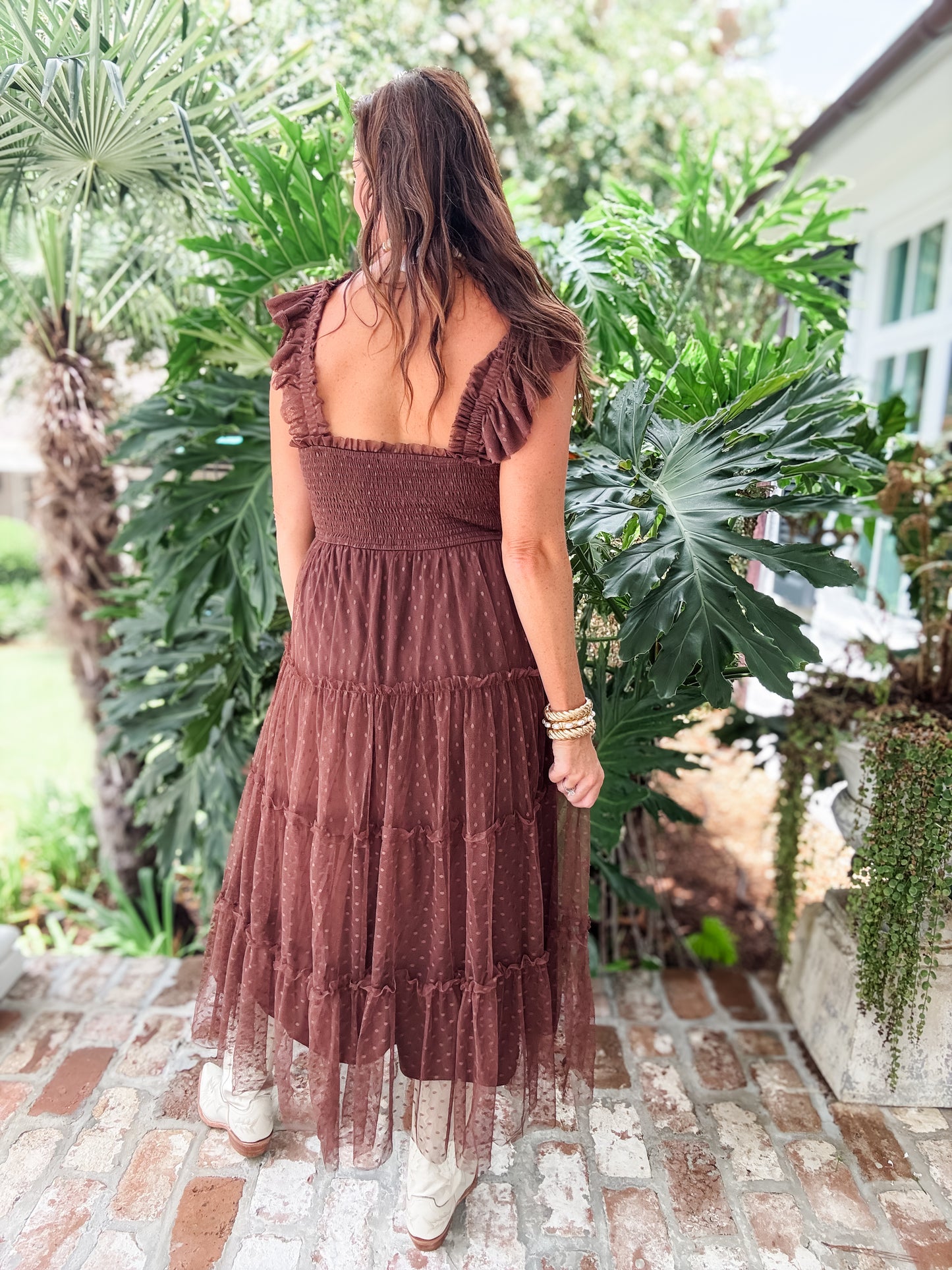 Rowan Dotted Midi Dress- Brown