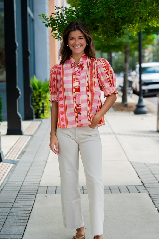 Emry Mixed Print Top-Rust