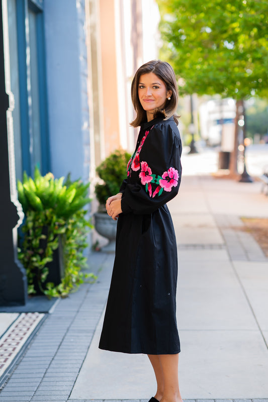 Kayla Floral Accent Dress-Black