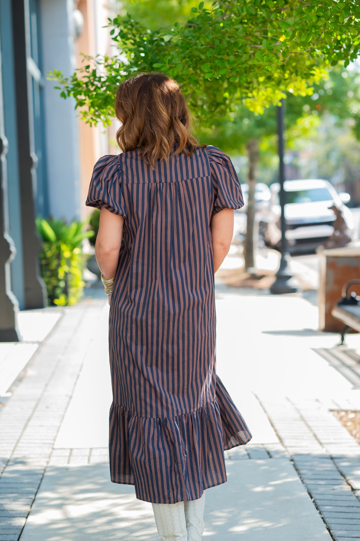 Cora Stripe Dress-Navy/Brown