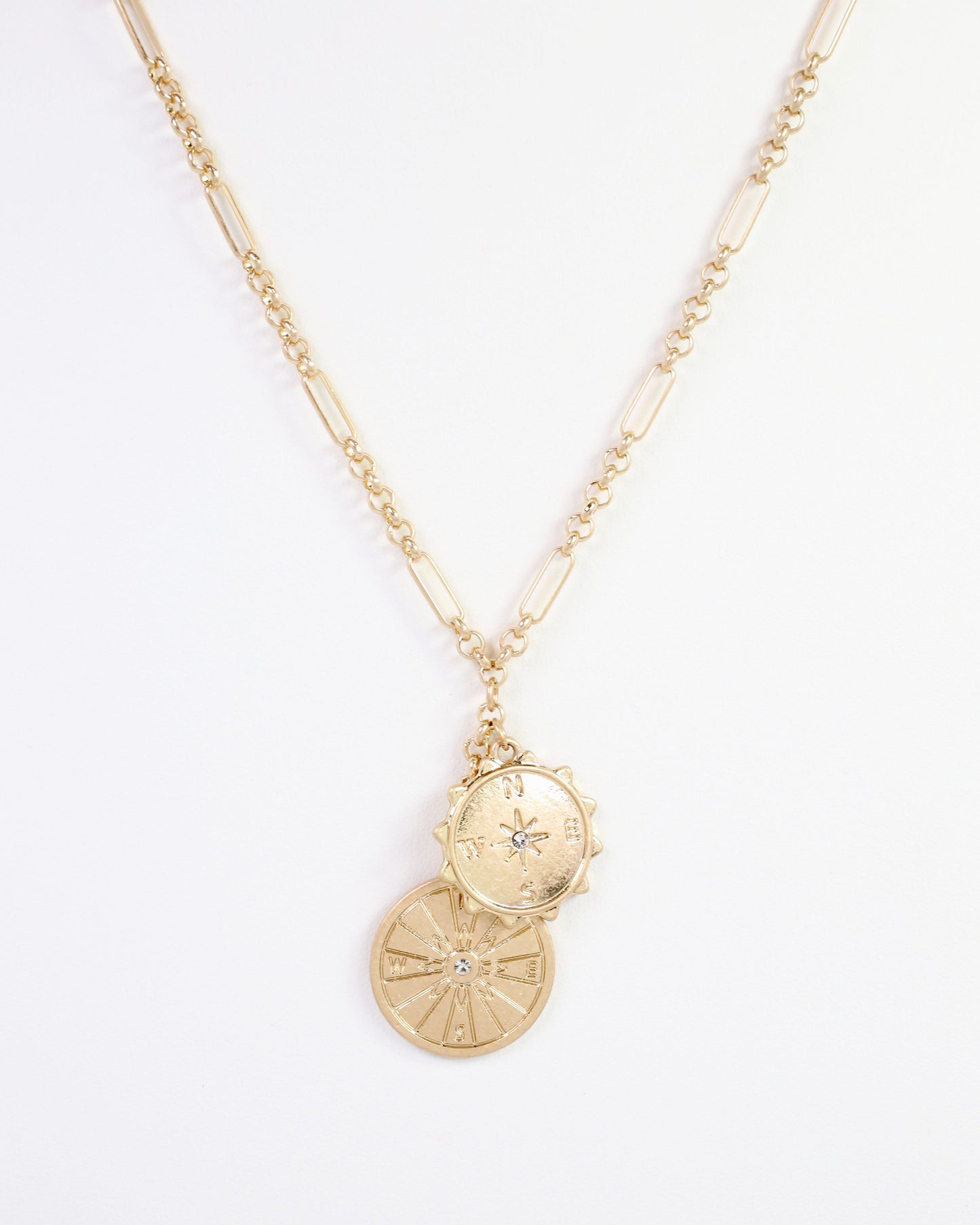 Charles Compass Coin Charm Necklace Worn Gold