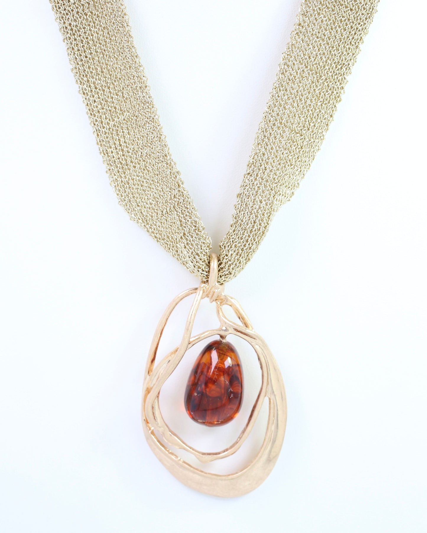 Powe Mesh and Stone Pendant Necklace WR Worn Gold