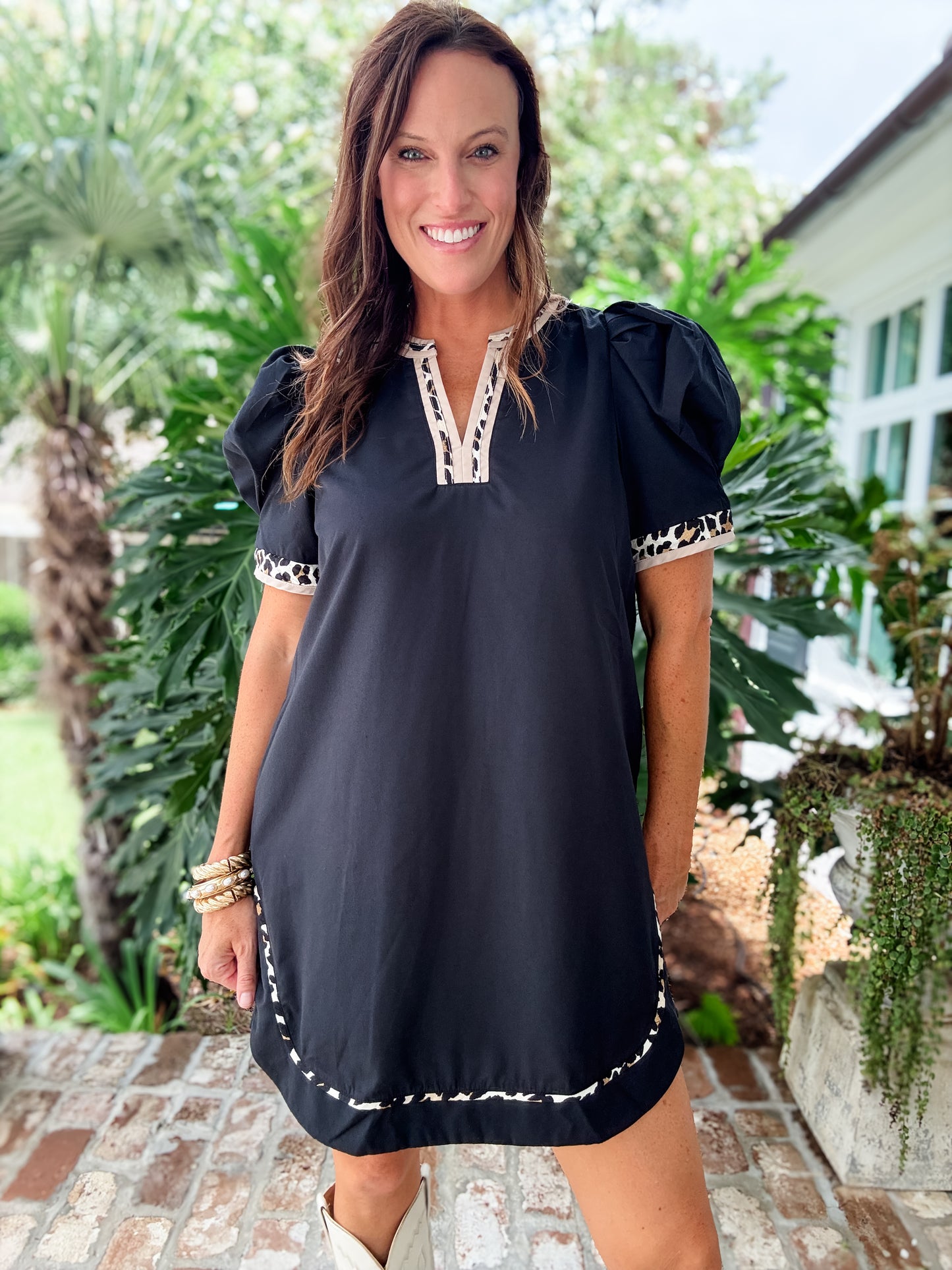 Hampton Leopard Trimmed Dress- Black