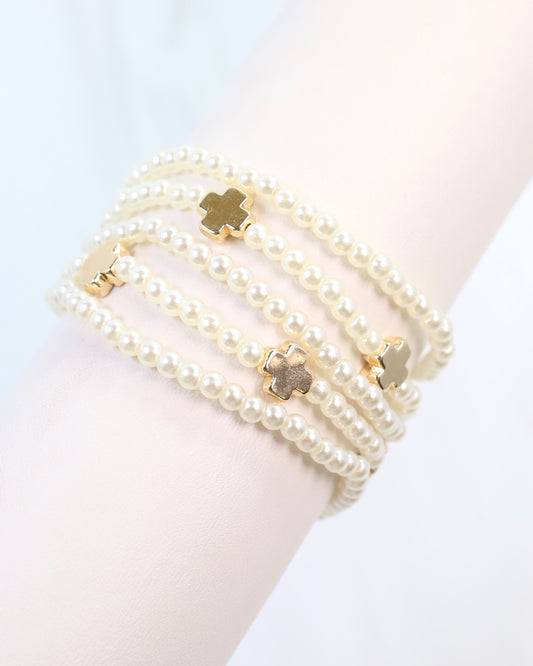 Pauline Pearl and Cross Stretch Bracelet Set Pearl