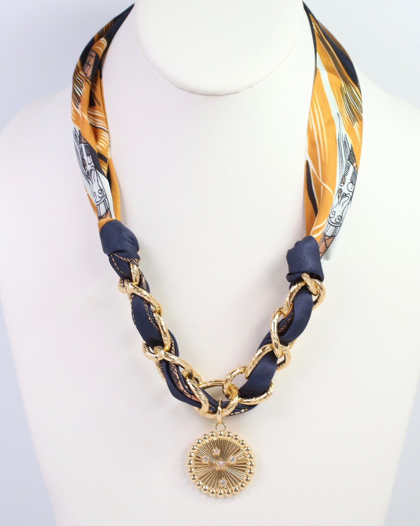 Sarah Scarf Charm Necklace Navy Gold