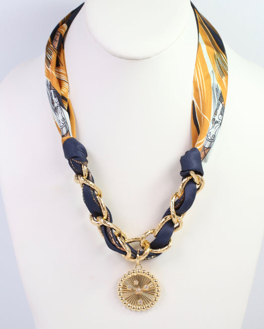 Sarah Scarf Charm Necklace Navy Gold