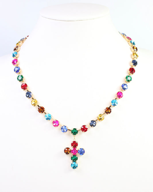 Melville Crystal Cross Necklace Dark Multi