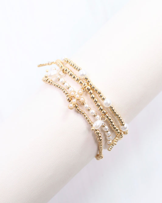 Olympia Pearl and Cross Stretch Bracelet Set Gold