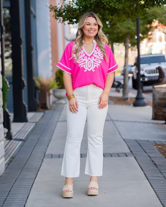 Florissant Embroidered Top-Hot Pink