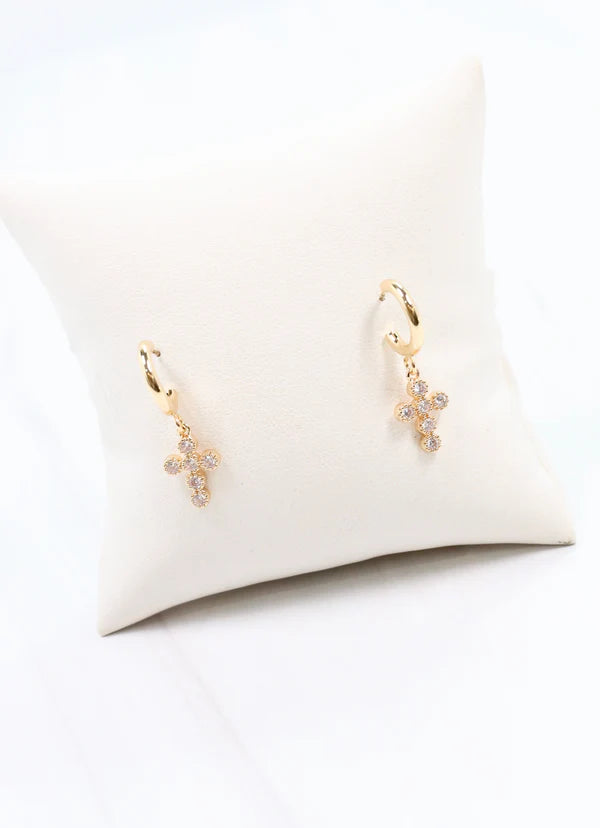 Camellia CZ Cross Hoop Earring GOLD