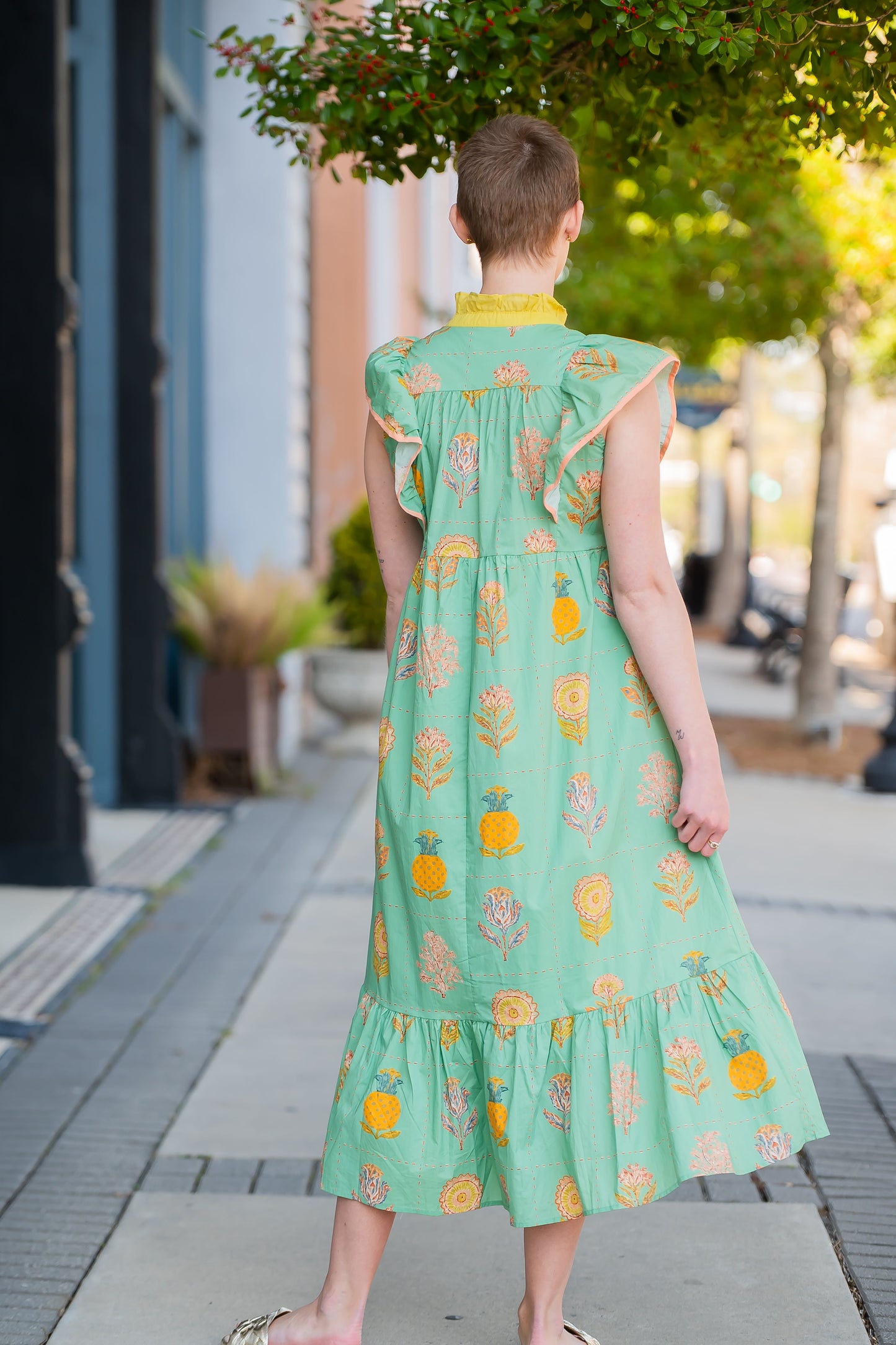 Aria Floral Print Midi Dress with Ruffle Sleeves