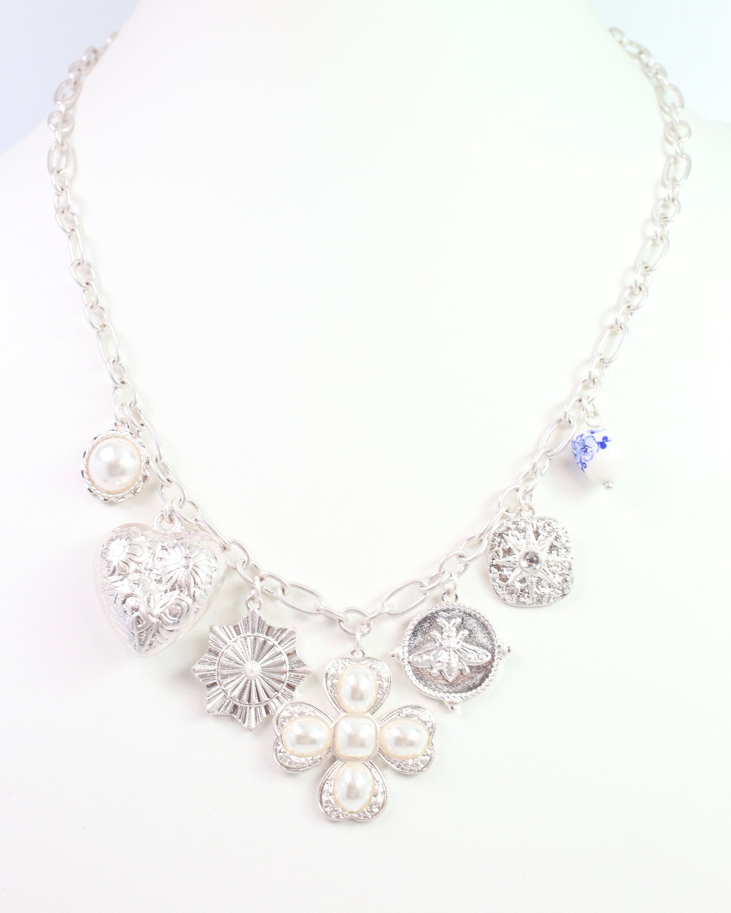Verona Pearl Charm Necklace Worn Silver