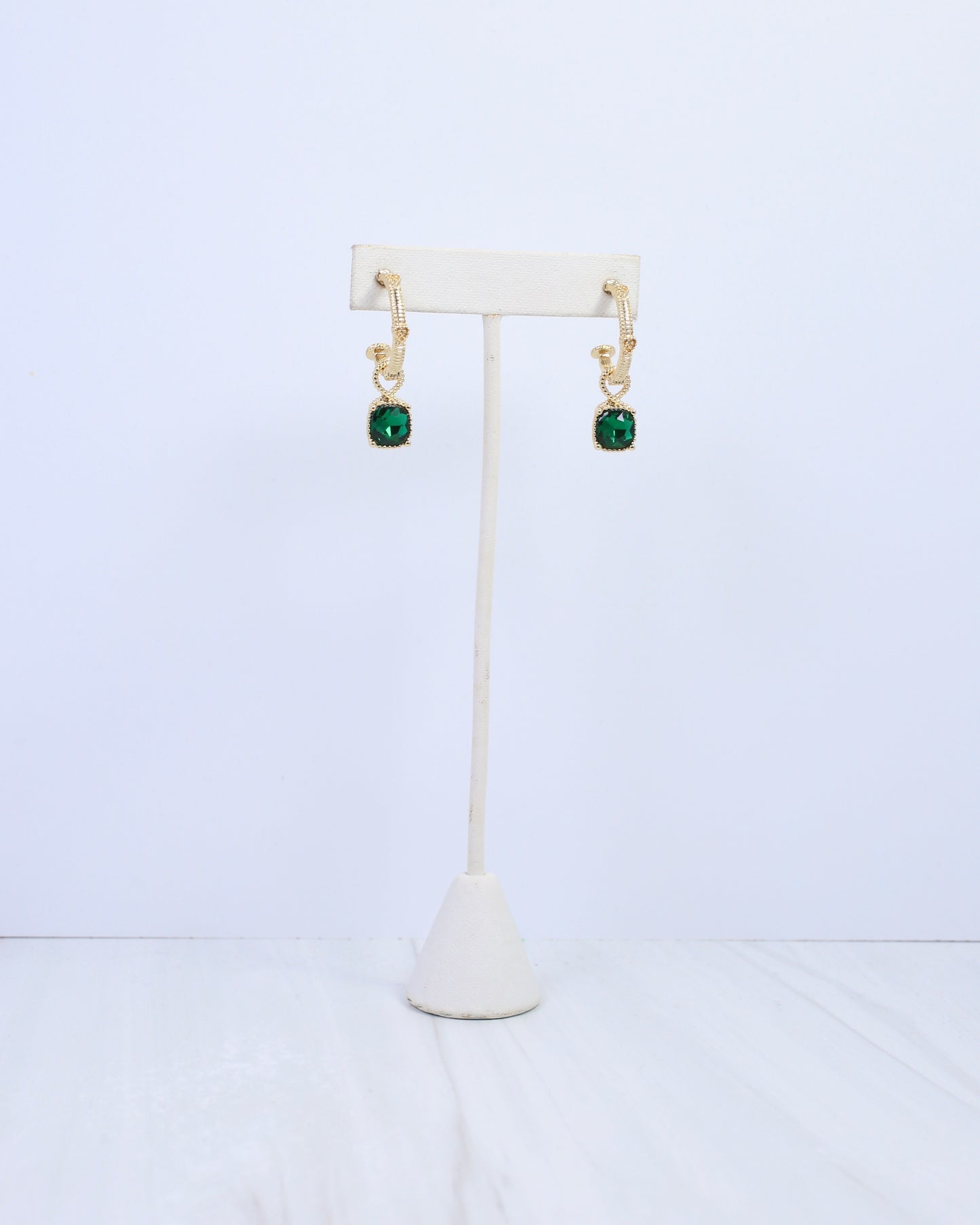Anika Textured Medium Hoop With Dangle Emerald