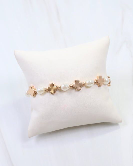 Blake Pearl Cross Stretch Bracelet Matte Gold