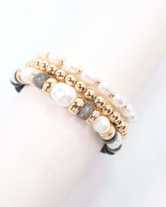 Bowie Bead and Pearl Stretch Bracelet Set Black