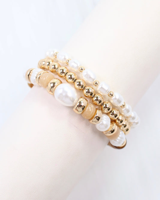Bowie Bead and Pearl Stretch Bracelet Set Brown