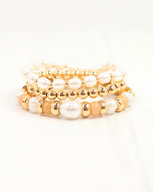Bowie Bead and Pearl Stretch Bracelet Set Brown