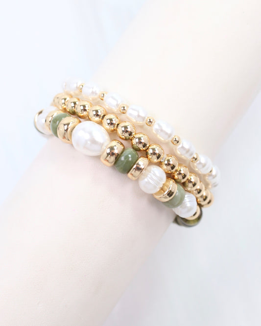 Bowie Bead and Pearl Stretch Bracelet Set Olive