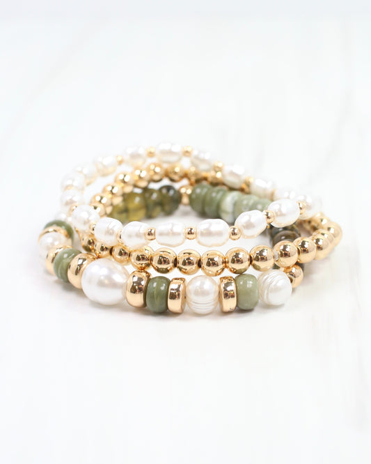 Bowie Bead and Pearl Stretch Bracelet Set Olive