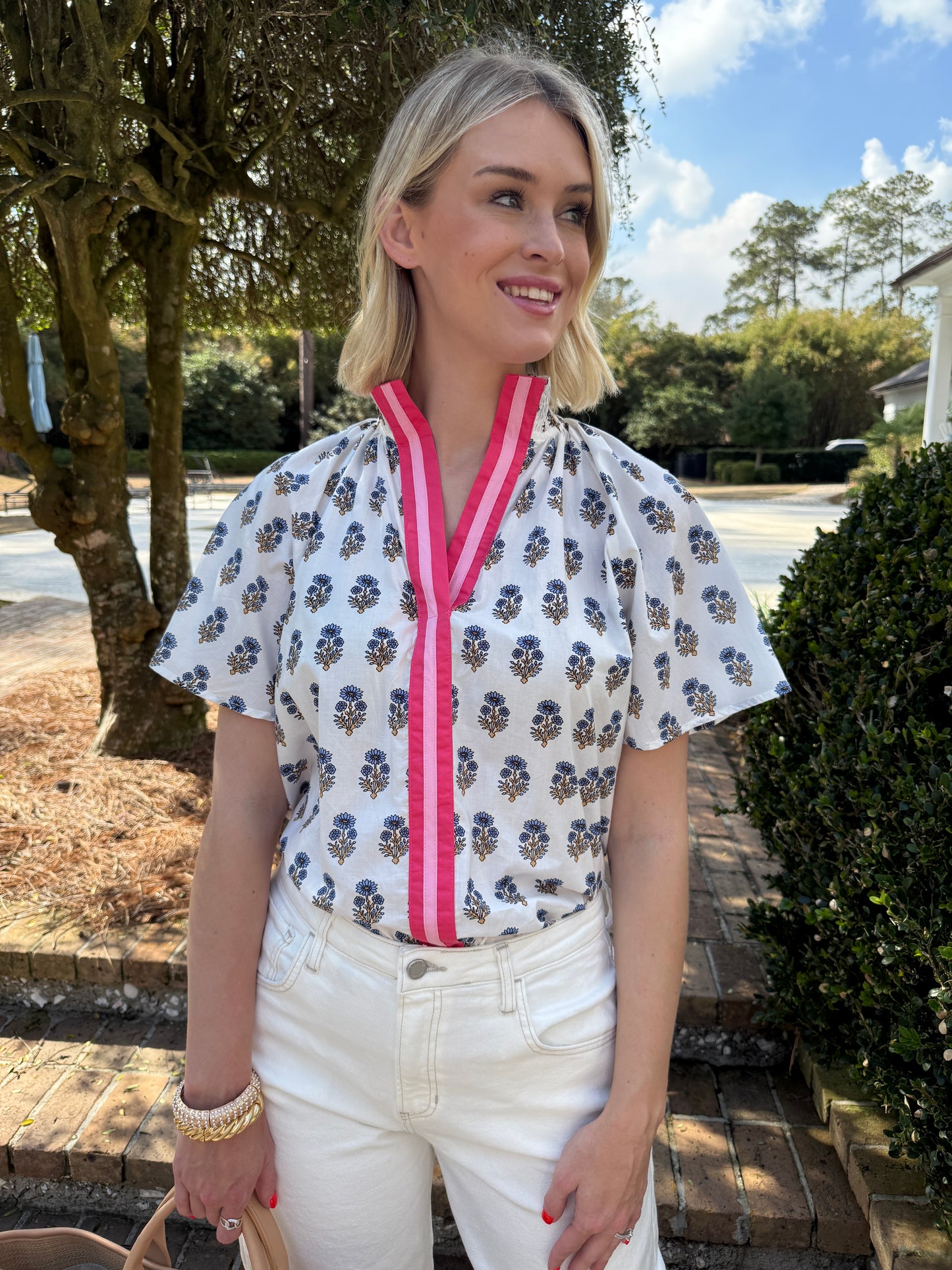 Blue Daisy Print Short Sleeve Top