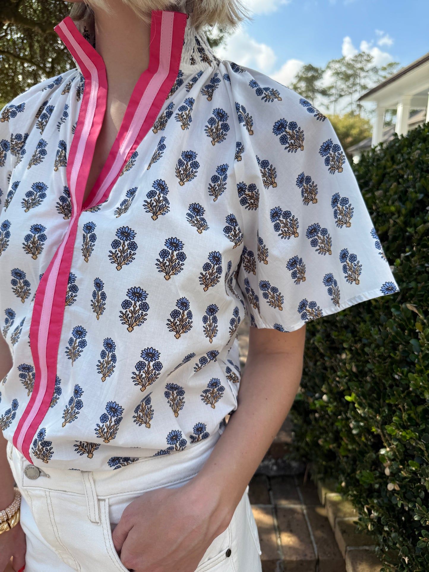 Blue Daisy Print Short Sleeve Top