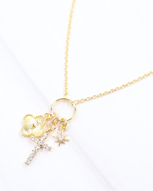 Cassel Cross and Clover Charm Necklace GOLD