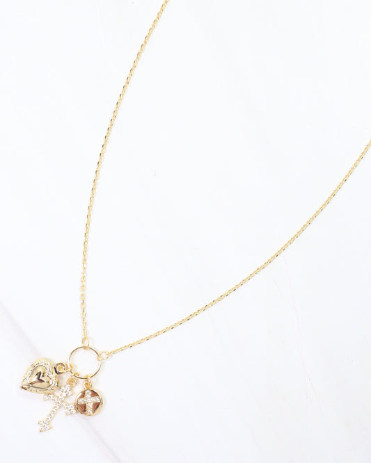 Janice Cross and Heart Charm Necklace Gold