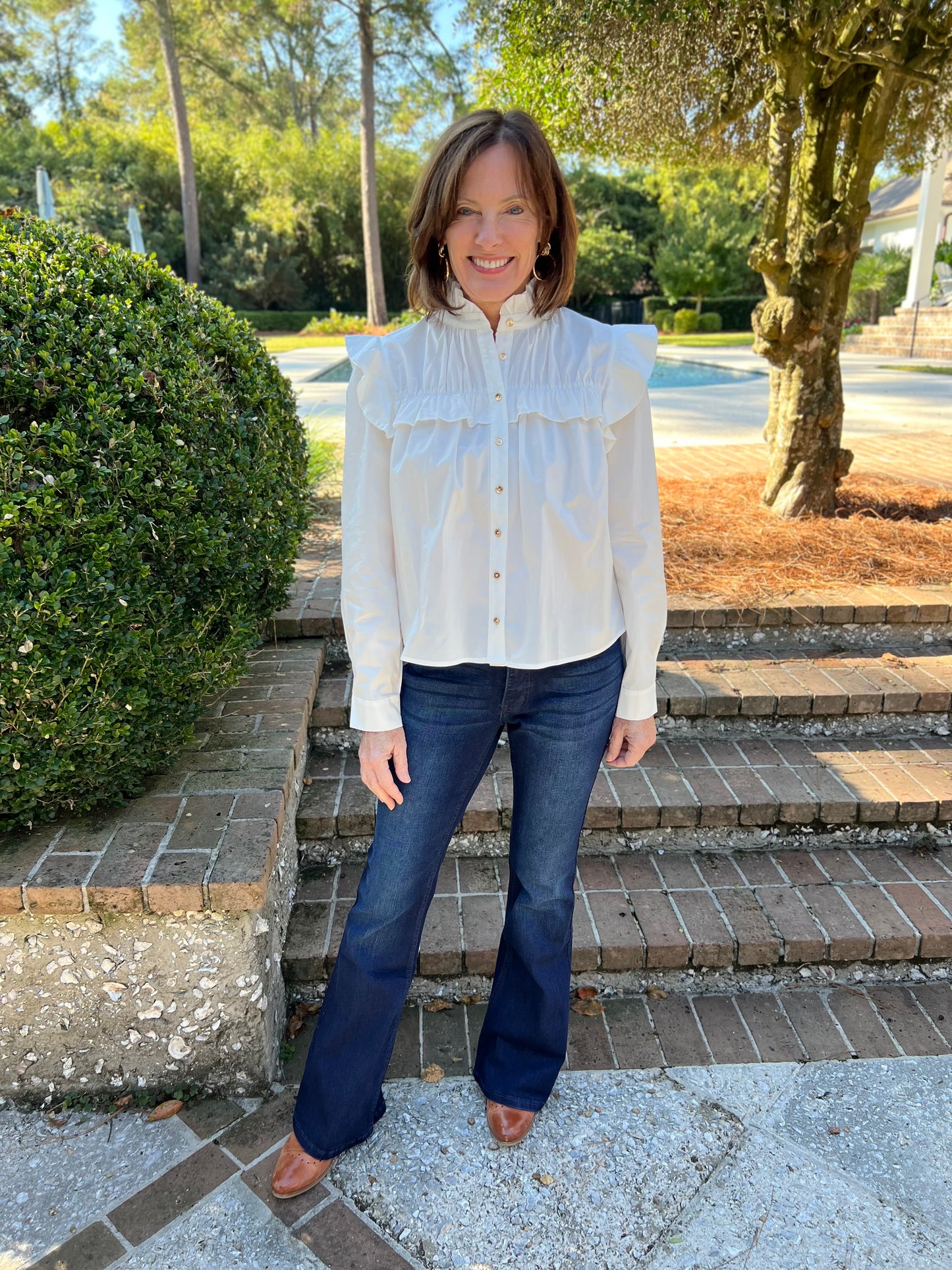 Could It Be You White Button Down Ruffled Blouse