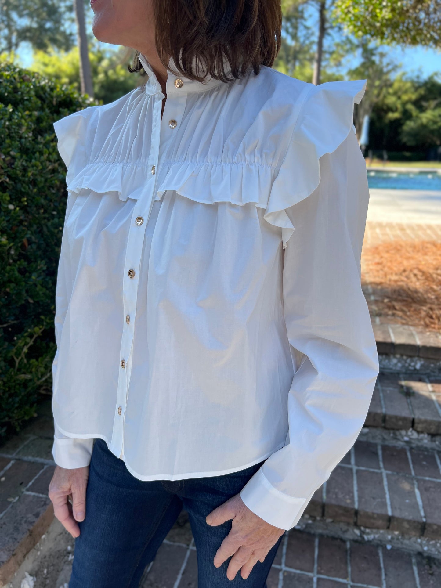 Could It Be You White Button Down Ruffled Blouse