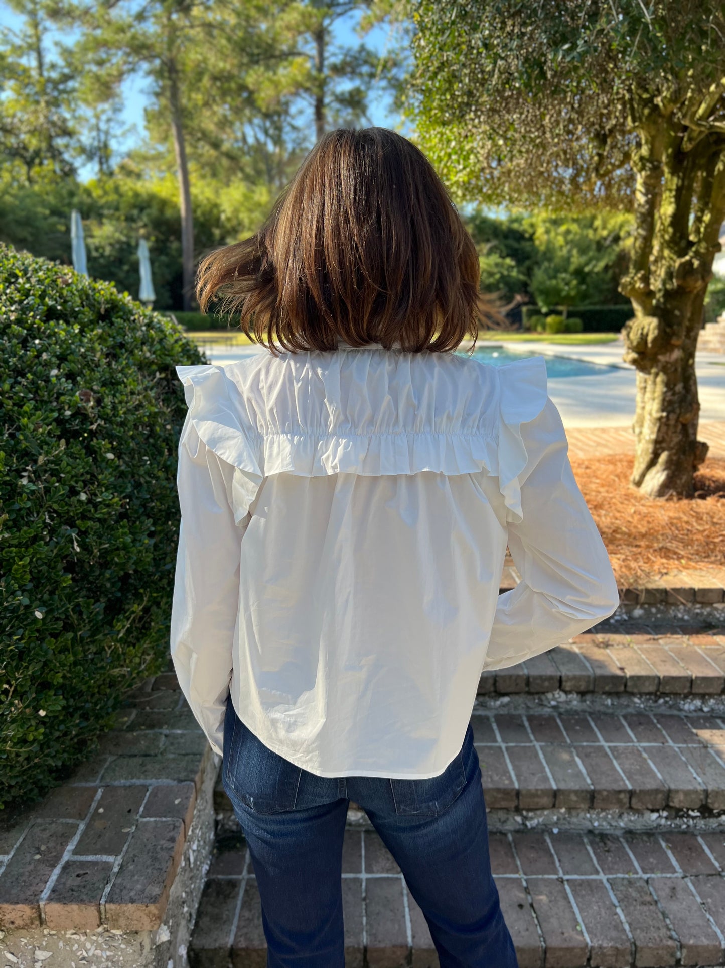 Could It Be You White Button Down Ruffled Blouse