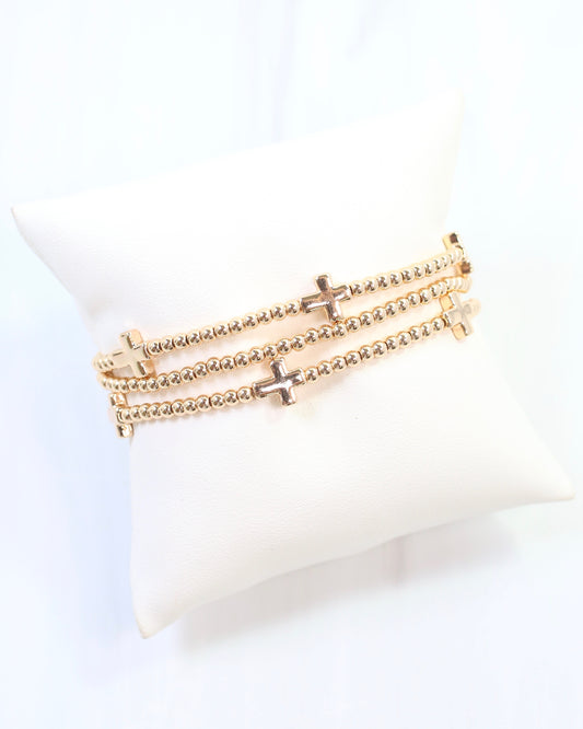 Kendall Beaded Cross Stretch Bracelet Set Gold