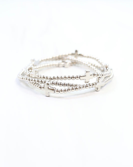 Kendall Beaded Cross Stretch Bracelet Set Silver