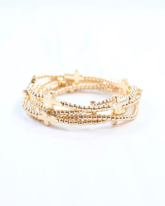 Sally Cross and Bead Stretch Bracelet Set Gold