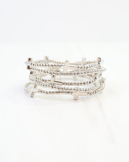 Sally Cross and Bead Stretch Bracelet Set Silver