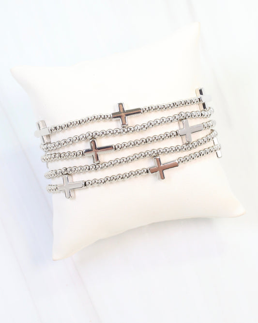 Sally Cross and Bead Stretch Bracelet Set Silver
