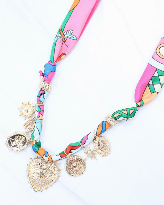 Polly Scarf Charm Necklace Pink Multi