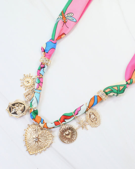 Polly Scarf Charm Necklace Pink Multi