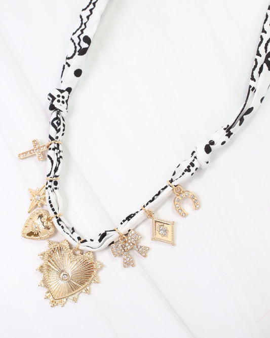 Rena Multi Charm Scarf Necklace White Black
