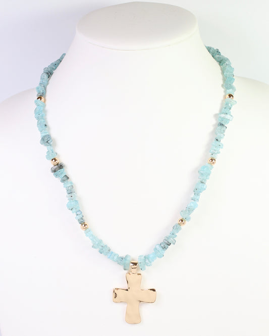 Holland Beaded Cross Necklace Aqua