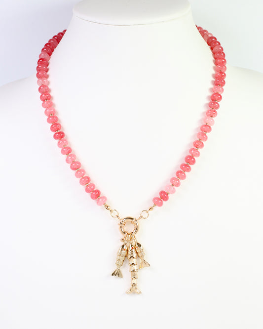 Saranac Marble Bead Fish Charm Necklace Pink