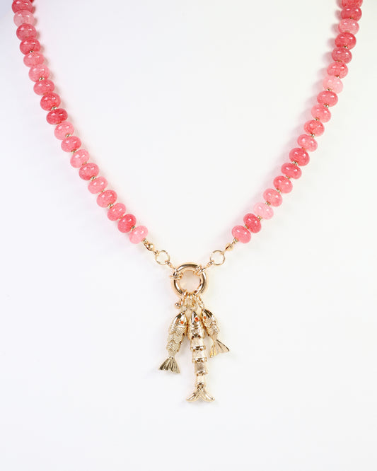 Saranac Marble Bead Fish Charm Necklace Pink