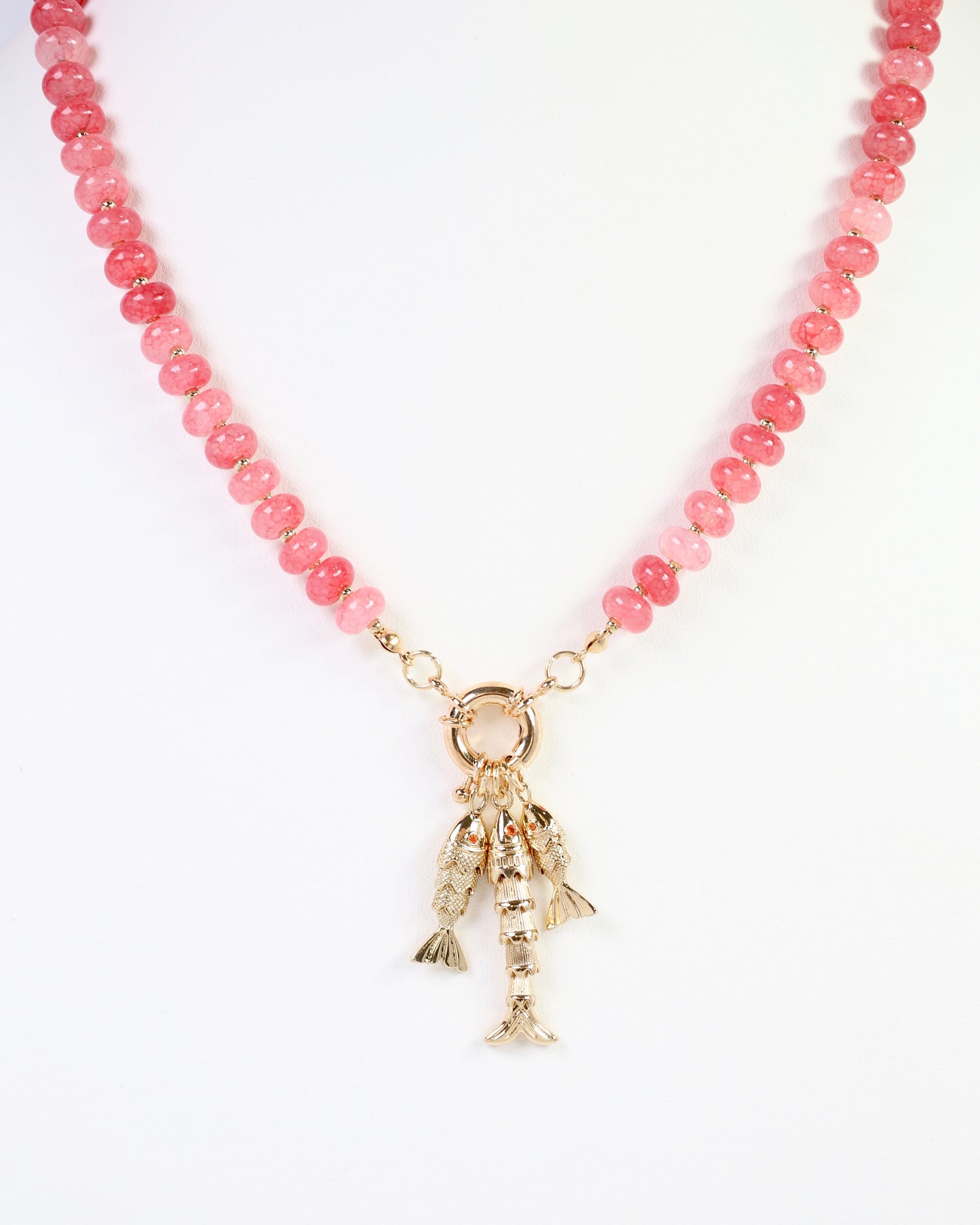 Saranac Marble Bead Fish Charm Necklace Pink